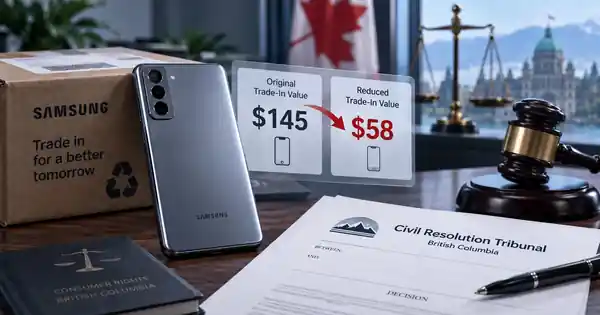 Samsung smartphone and trade-in package beside a comparison showing a reduction from $145 to $58, with British Columbia Civil Resolution Tribunal imagery.
