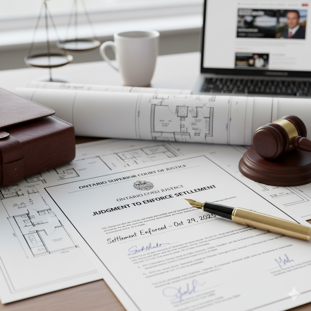 A signed contract on blueprints, showing a court's decision to enforce a construction settlement.